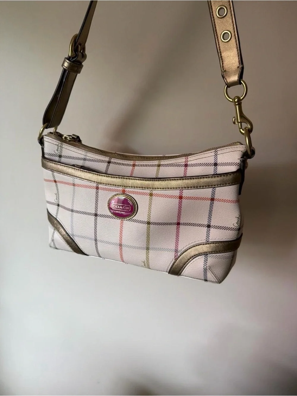 Coach Pink Plaid Shoulder Bag with Gold Metallic Trim